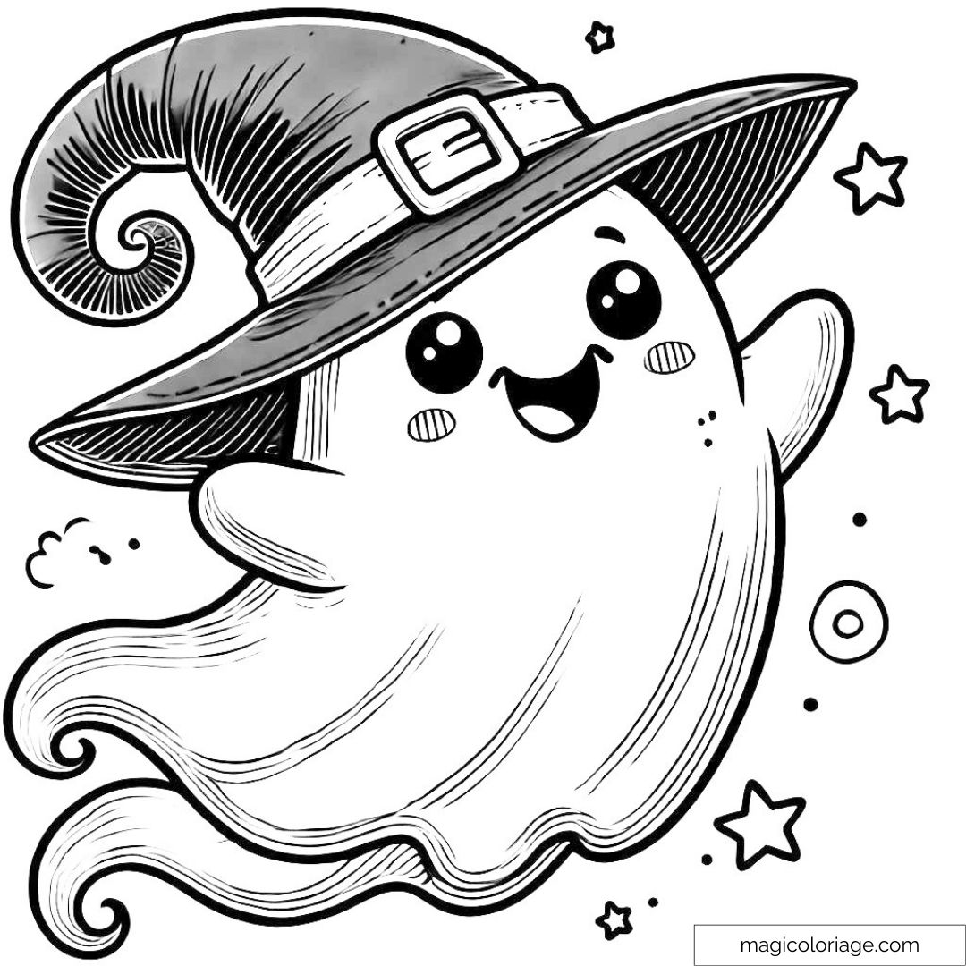 Dessin à colorier de fantôme avec un chapeau de sorcière pour Halloween.