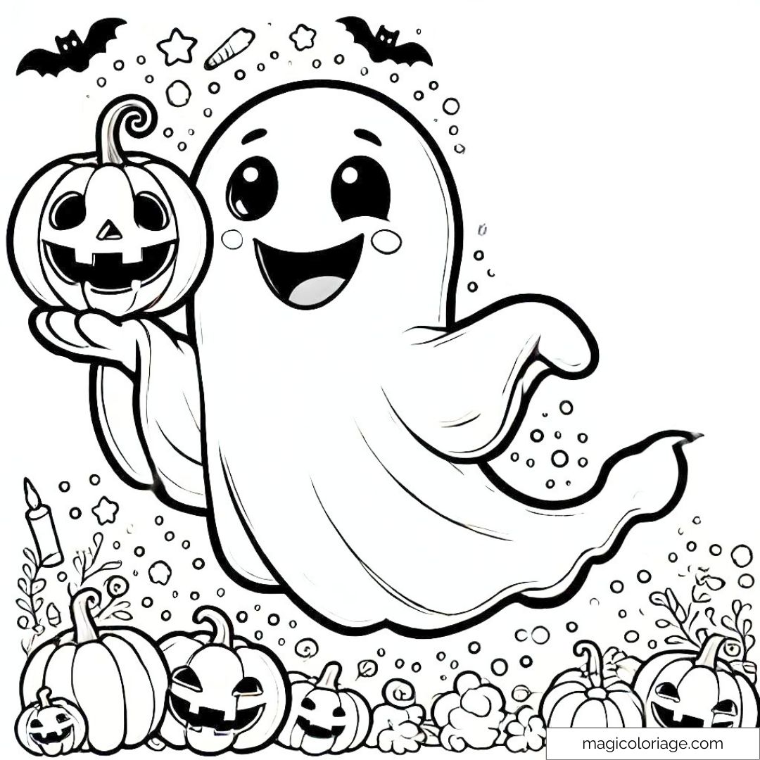 Dessin à colorier d'un fantôme avec une citrouille de Halloween.