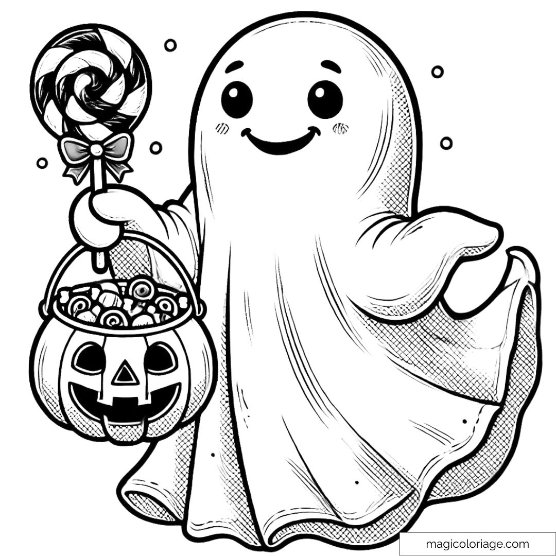 Dessin à colorier d'un fantôme avec un seau de bonbons pour Halloween.