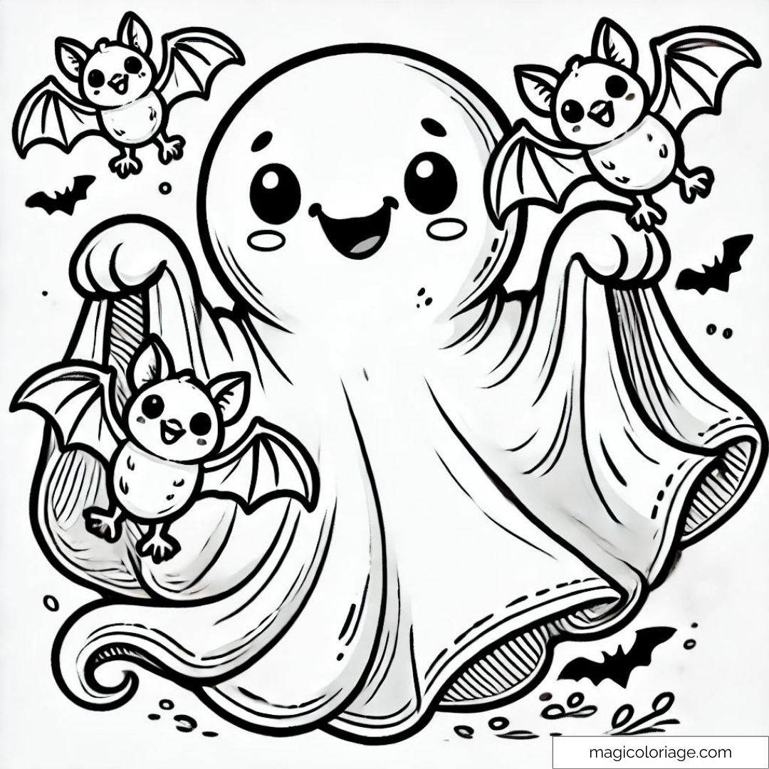 Dessin à colorier de fantôme tenant des chauves-souris pour Halloween.