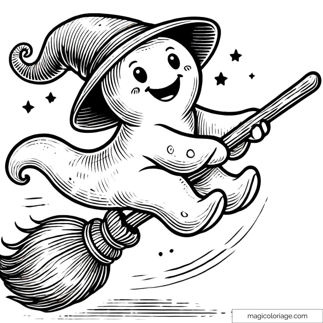 Dessin à colorier de fantôme volant sur un balai pour Halloween.