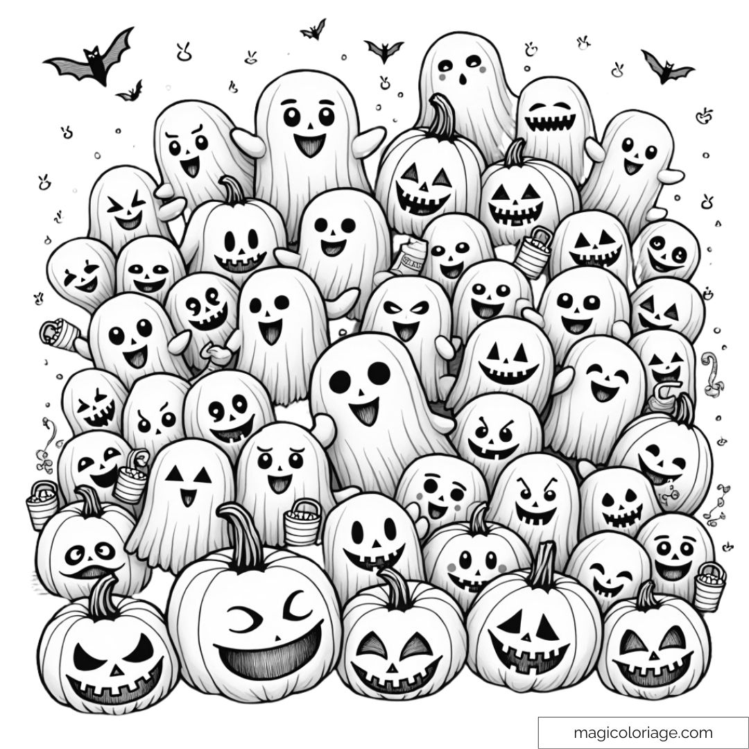Dessin à colorier de nombreux fantômes souriants et de citrouilles rigolotes avec des chauves-souris volant au-dessus, idéal pour un coloriage d'Halloween.