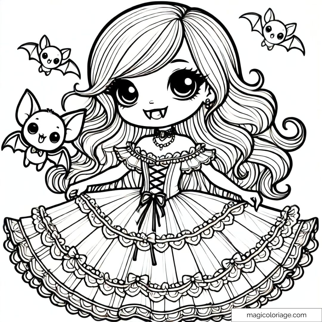 Dessin à colorier de fille vampire souriante avec une chauve-souris, parfait pour Halloween.