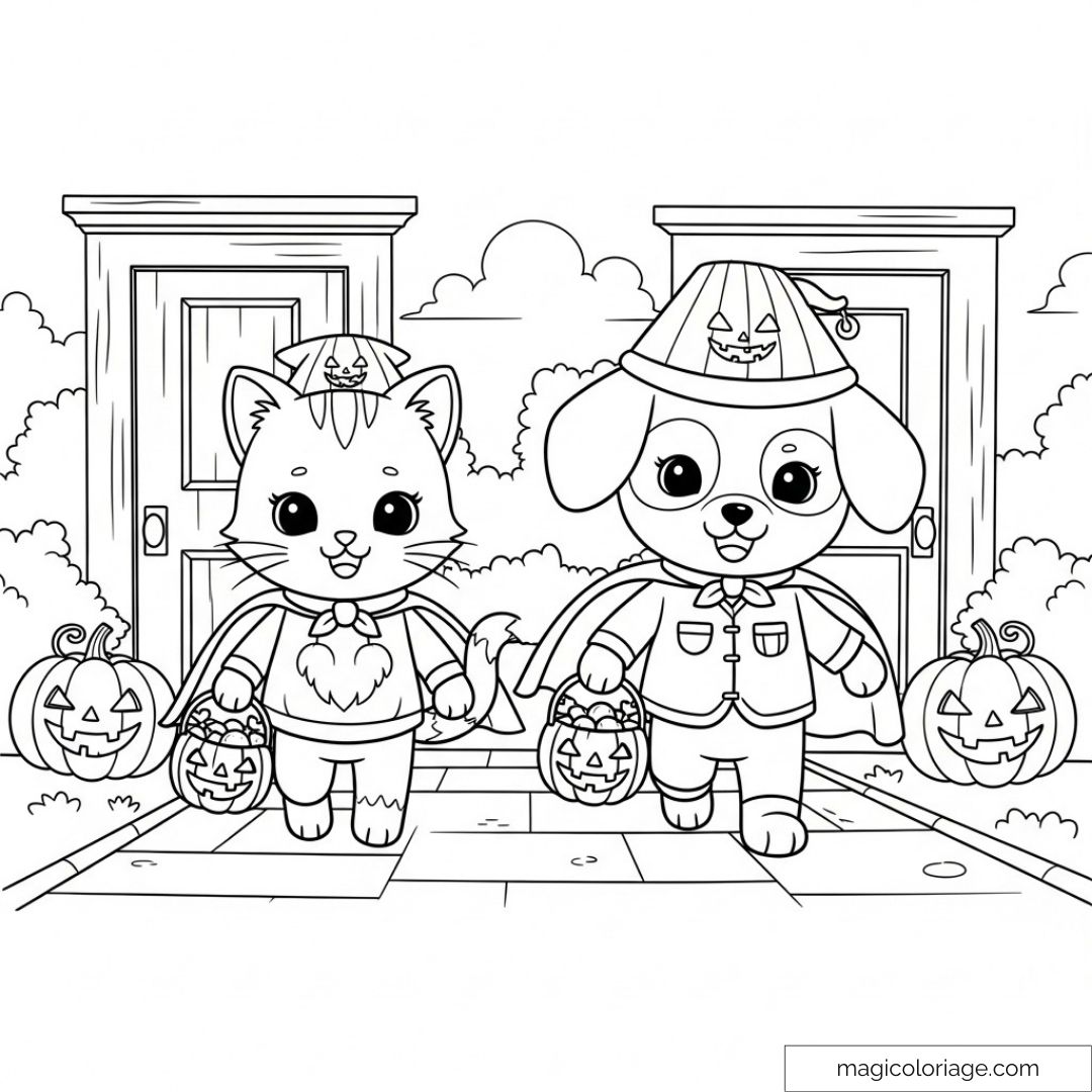 Dessin à colorier de chat et chien déguisés en Halloween avec des citrouilles.