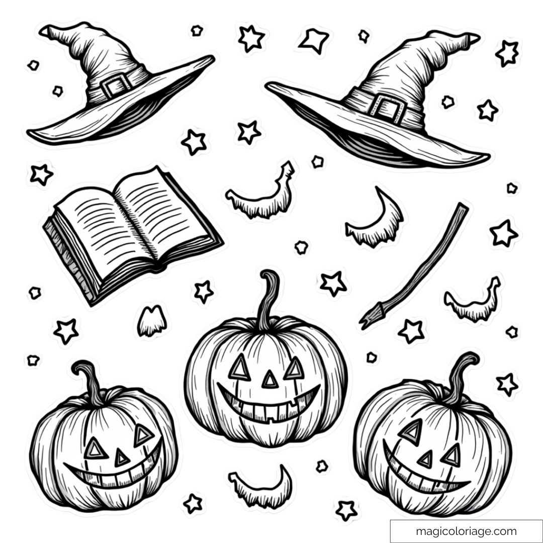 Dessin à colorier et découper sur Halloween avec des chapeaux de sorcière, des citrouilles, des étoiles, des lunes et un livre magique, à imprimer pour les enfants.