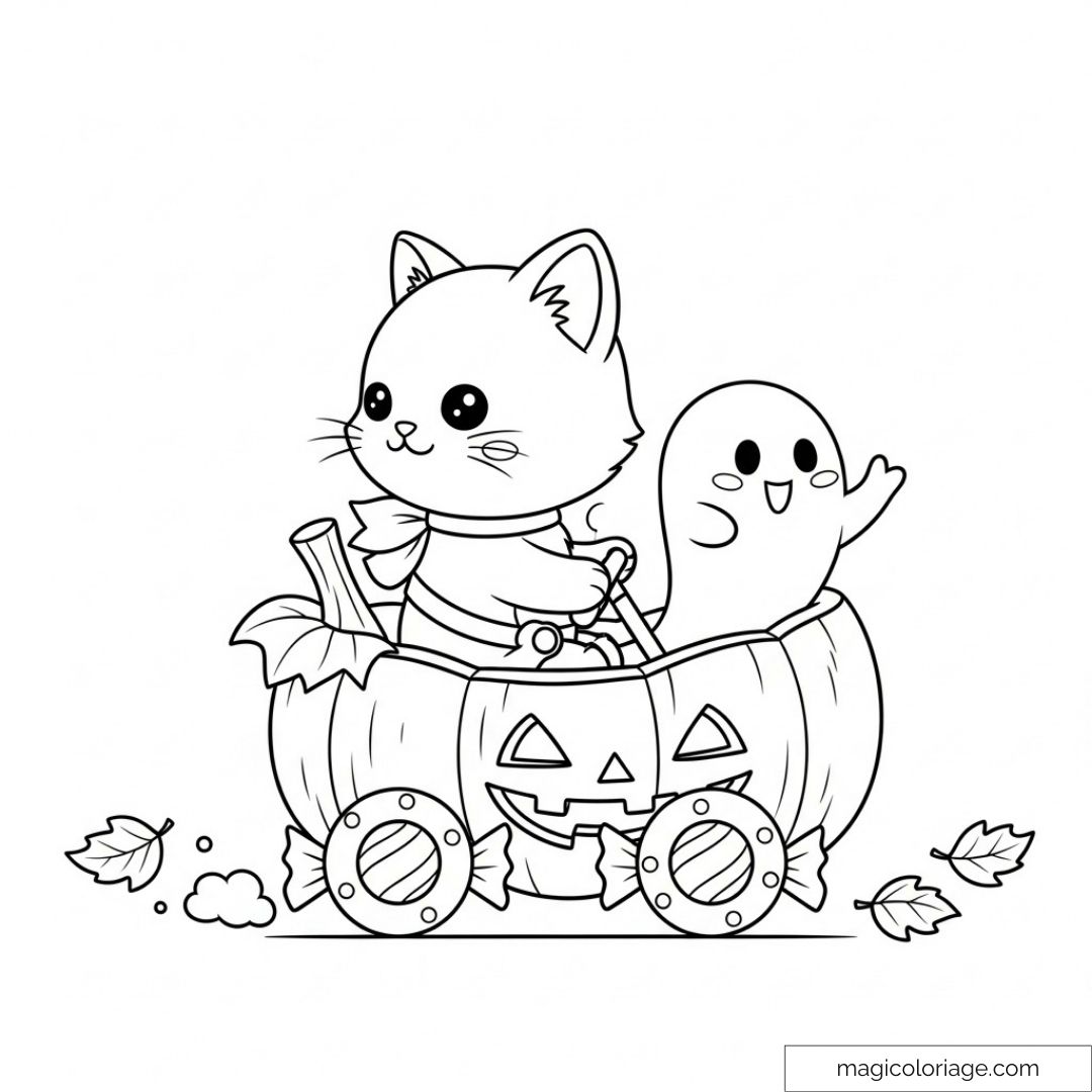 Chat mignon et fantôme dans citrouille Halloween à colorier
