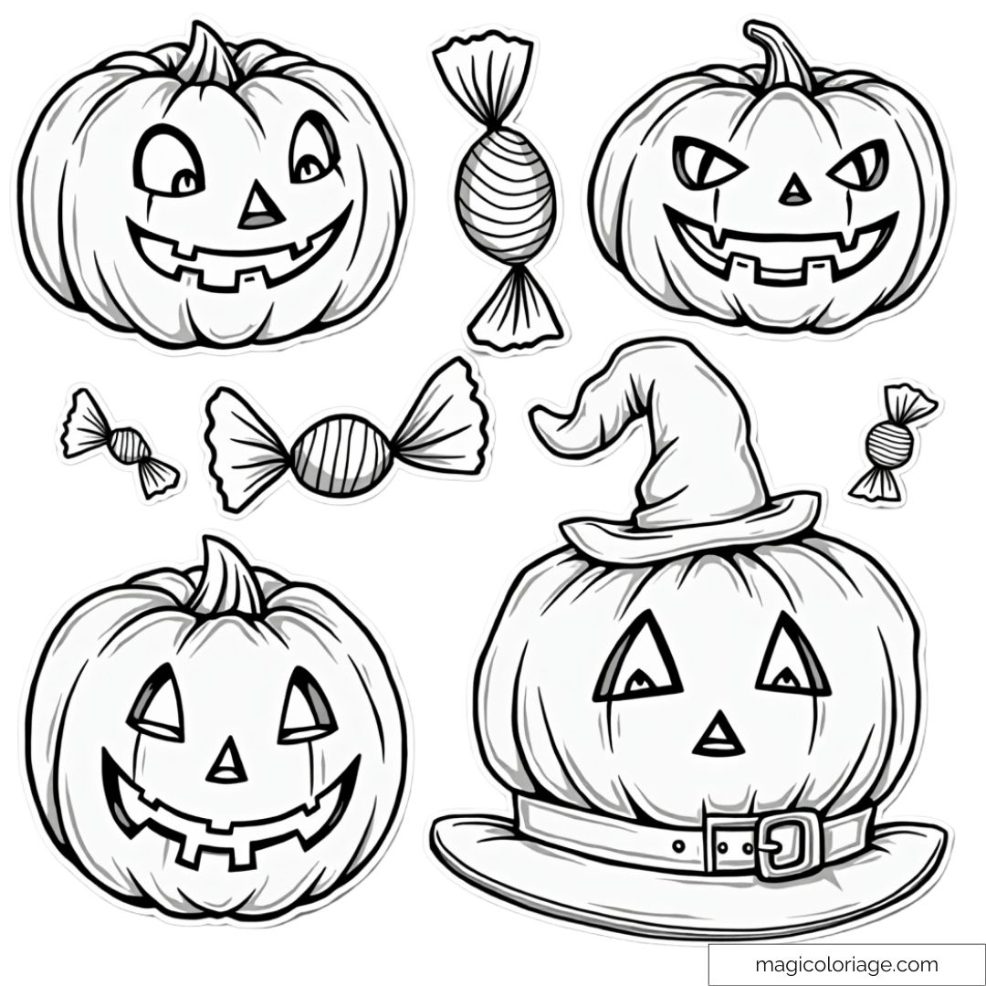 Dessin à colorier et découper sur Halloween avec des citrouilles décorées, des bonbons et un chapeau de sorcière, à imprimer pour les enfants.