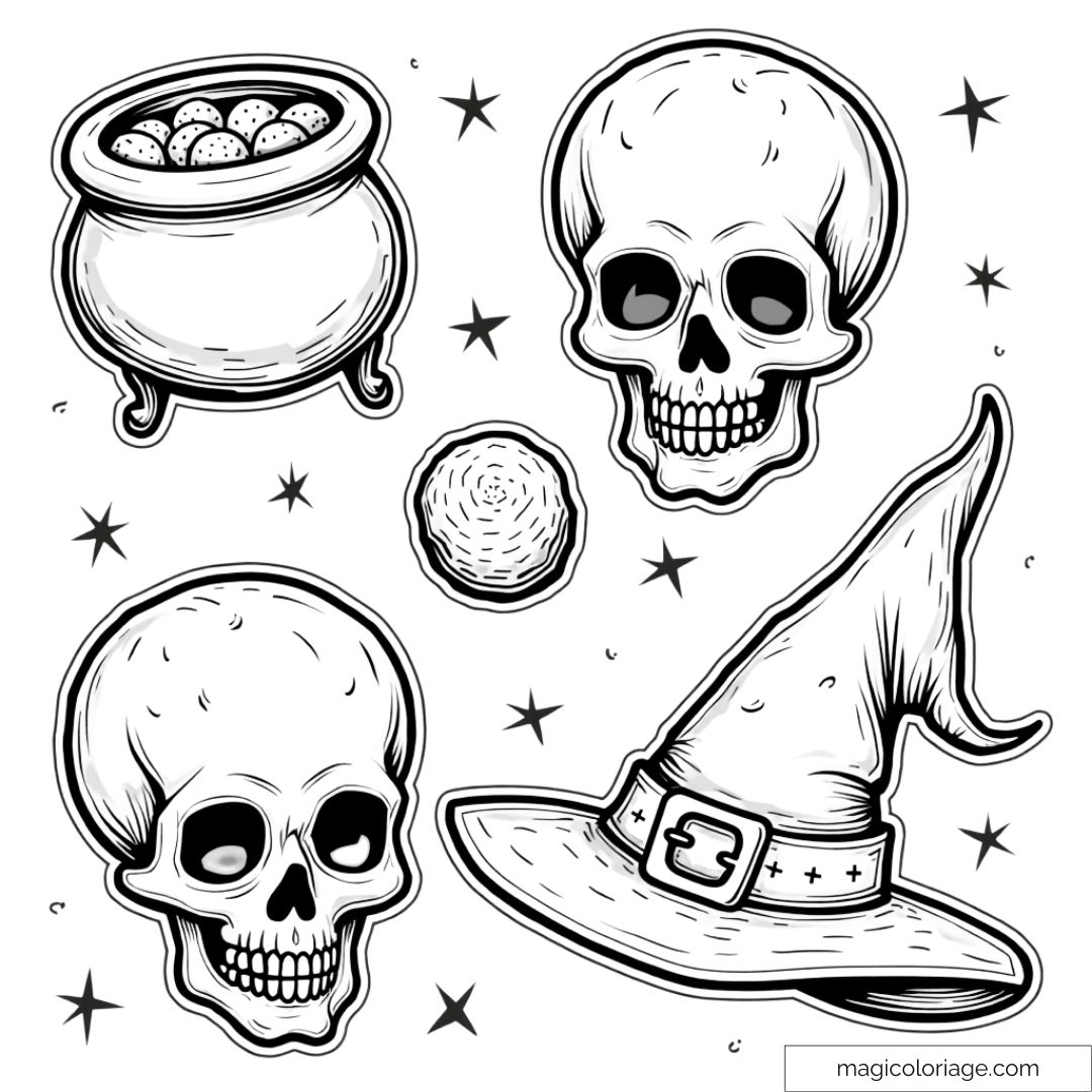 Dessin à colorier et découper sur Halloween avec des crânes, un chaudron, une pleine lune et un chapeau de sorcière, à imprimer pour les enfants.
