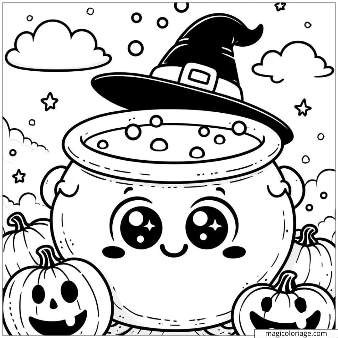 Coloriage Halloween de chaudron bouillonnant pour maternelle