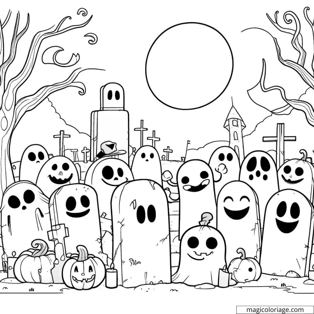 Coloriage Halloween de cimetière avec pierres tombales pour maternelle