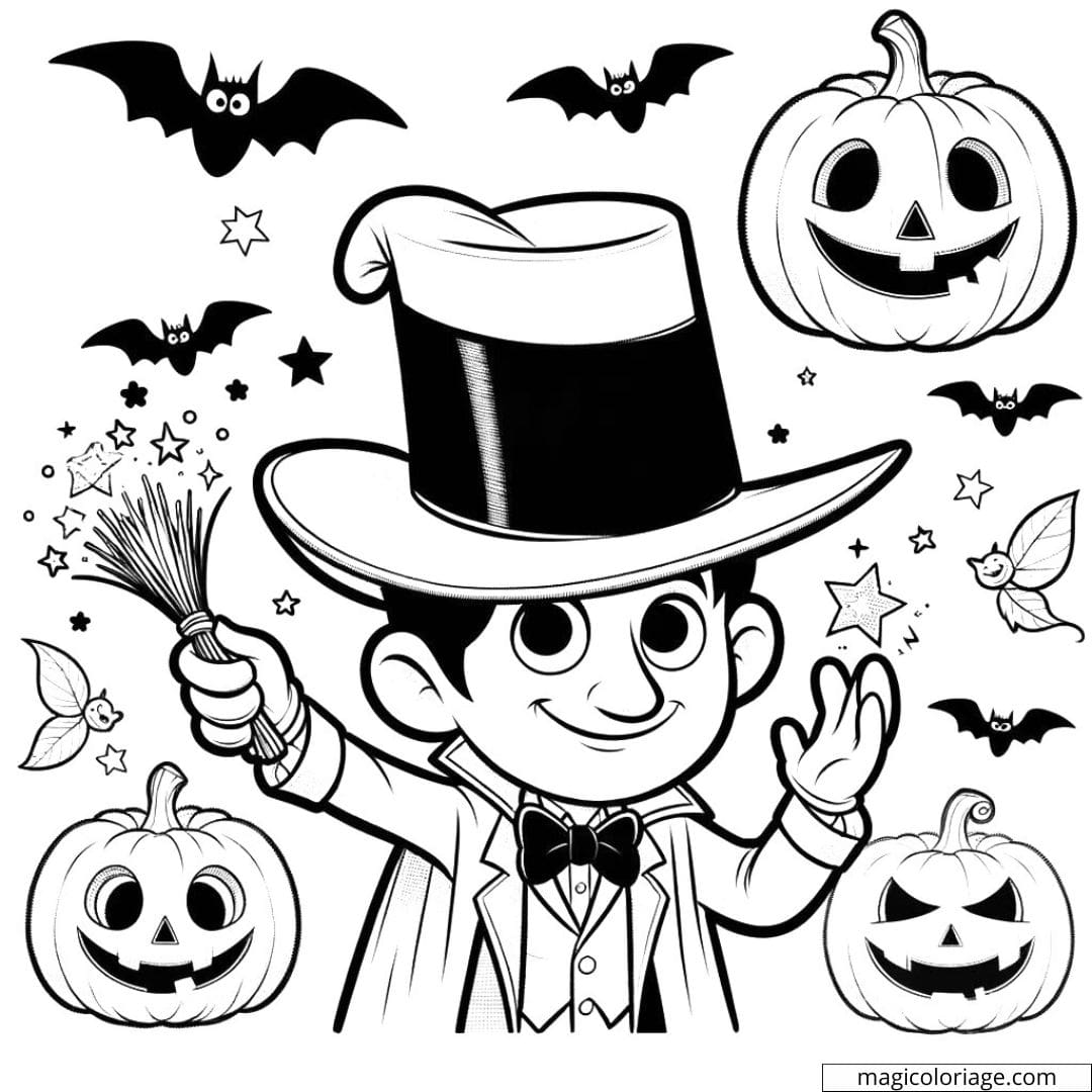 Coloriage Halloween de magicien avec chapeau pointu pour maternelle