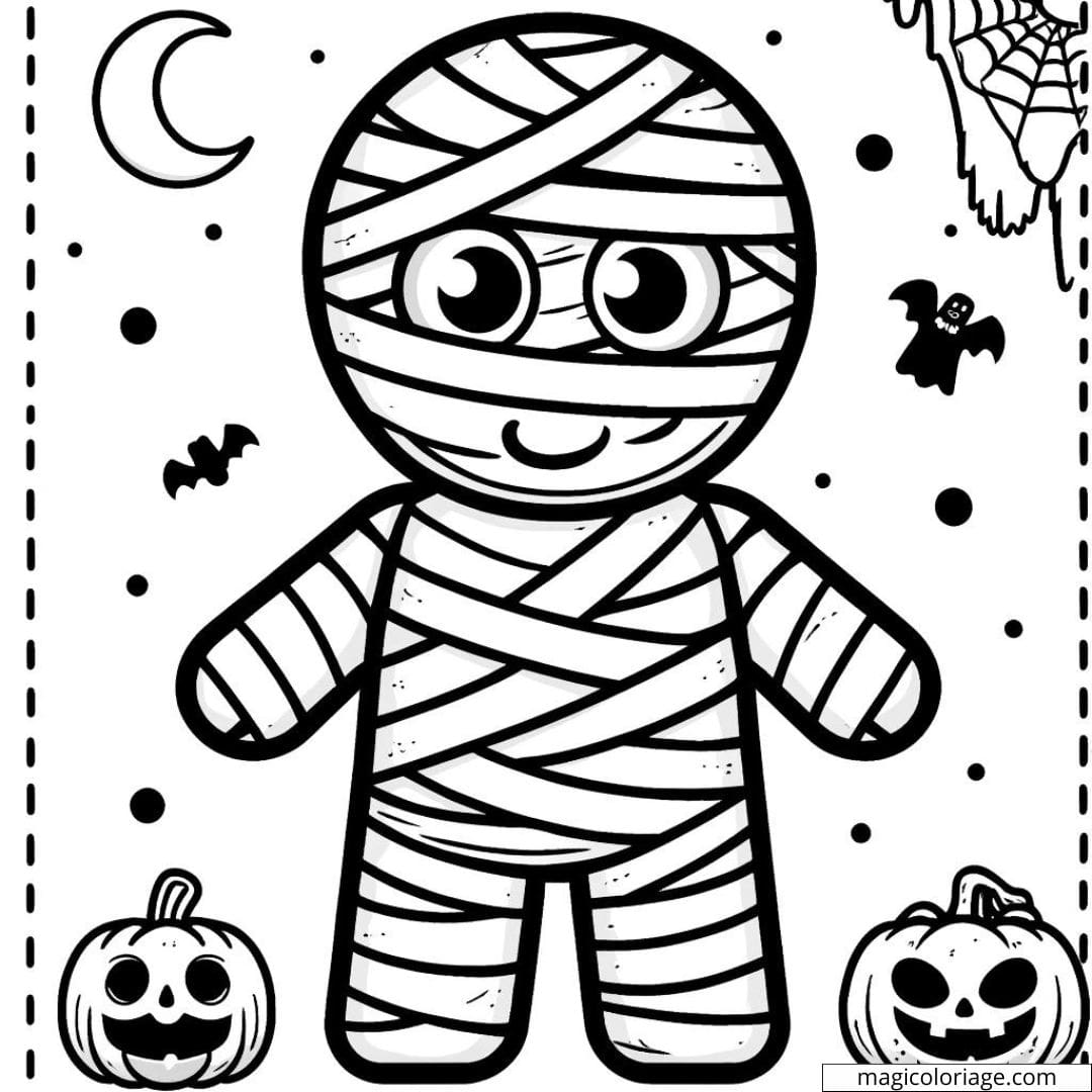 Coloriage Halloween de momie enroulée de bandages pour enfants