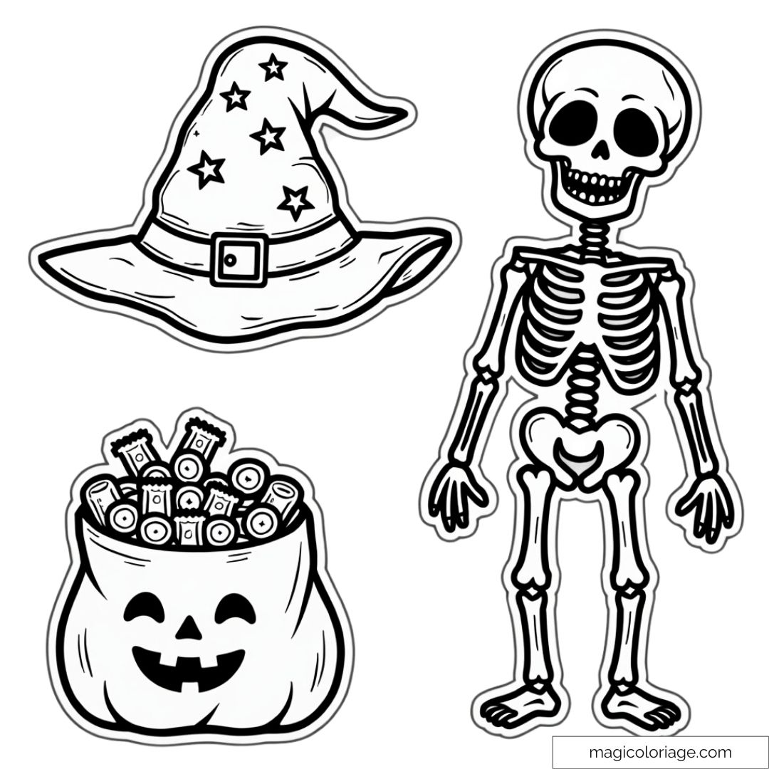 Dessin à colorier et découper sur Halloween avec un chapeau de sorcière, un squelette et un sac de bonbons, à imprimer pour les enfants.