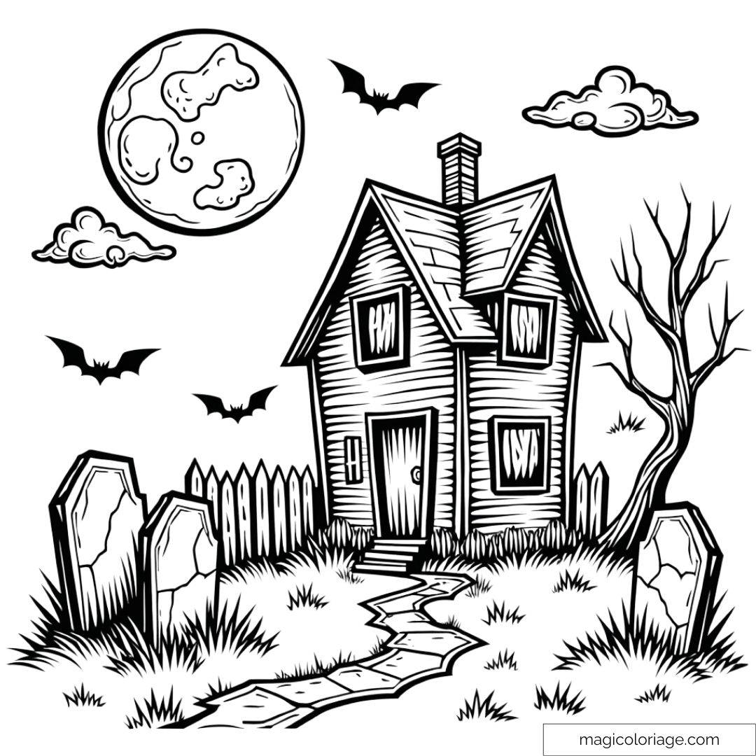 Dessin à colorier et découper sur Halloween avec une maison hantée, des chauves-souris, un cimetière et une pleine lune, à imprimer pour les enfants.