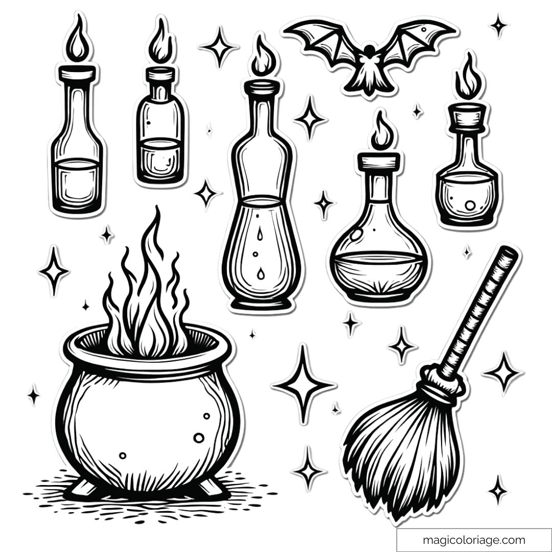Dessin à colorier et découper sur Halloween avec un chaudron, des potions magiques, un balai de sorcière et une chauve-souris, à imprimer pour les enfants.