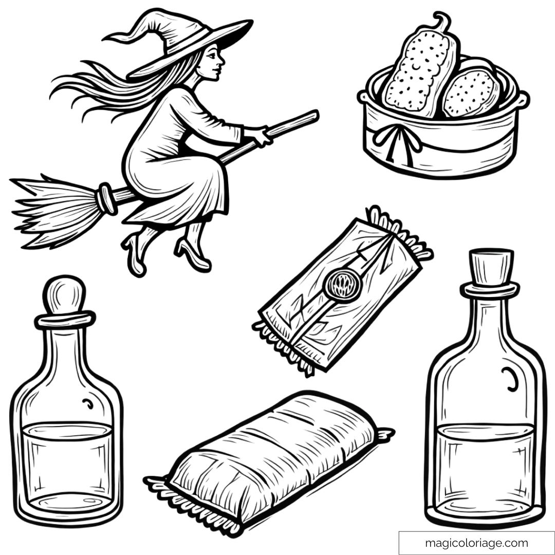 Dessin à colorier et découper sur Halloween avec une sorcière sur son balai, des potions et des ingrédients magiques, à imprimer pour les enfants.