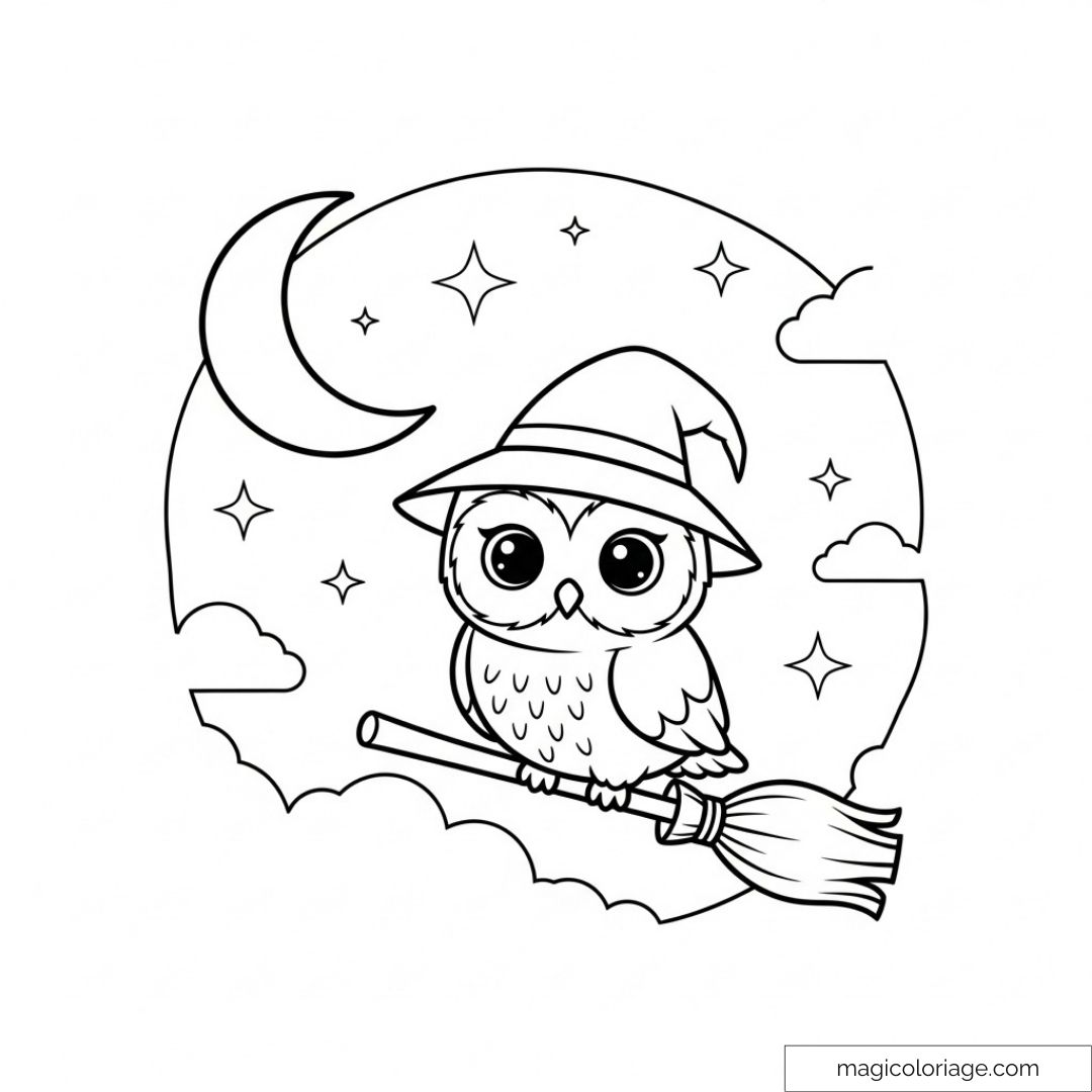 Hibou avec chapeau de sorcier sur balai