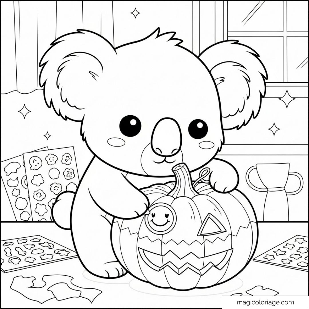 Koala mignon coloriant une citrouille d'Halloween.
