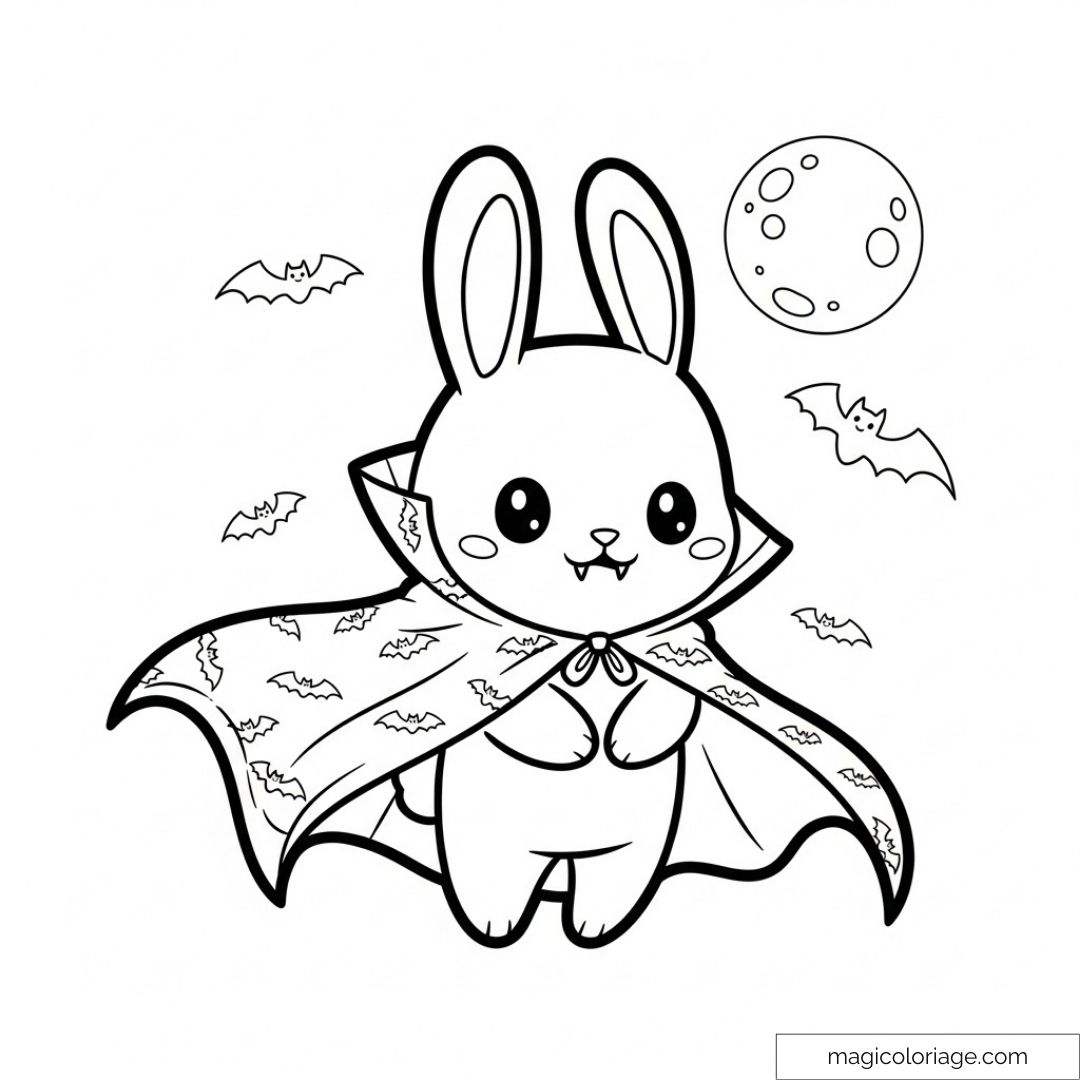 Dessin d'un lapin vampire mignon avec des chauves-souris et la lune