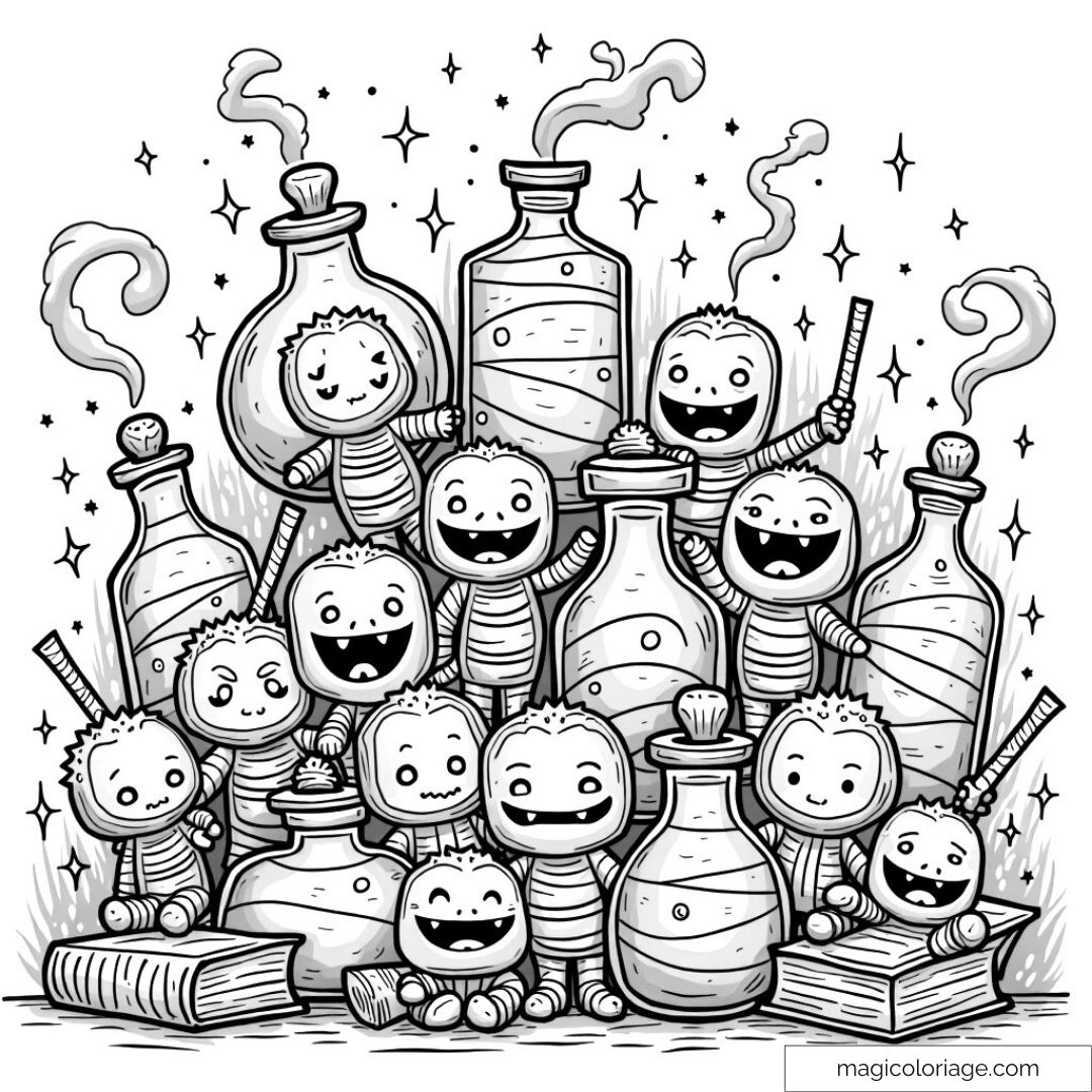 Dessin à colorier de petits monstres joyeux entourés de bouteilles de potions magiques fumantes, idéal pour un coloriage magique et amusant.