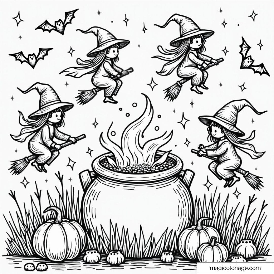 Dessin à colorier de petites sorcières volant autour d'un chaudron magique en ébullition, avec des citrouilles et des chauves-souris en arrière-plan.