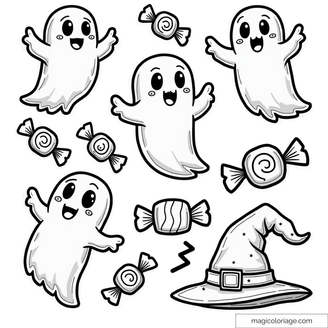 Dessin à colorier et découper sur Halloween avec des petits fantômes joyeux, des bonbons et un chapeau de sorcière, à imprimer pour les enfants.