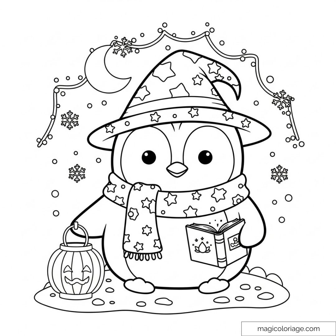 Pingouin magicien avec lanterne et livre