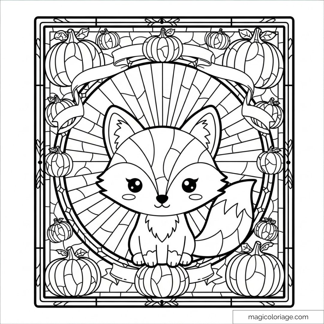 Image en noir et blanc d’un renard mignon avec des citrouilles