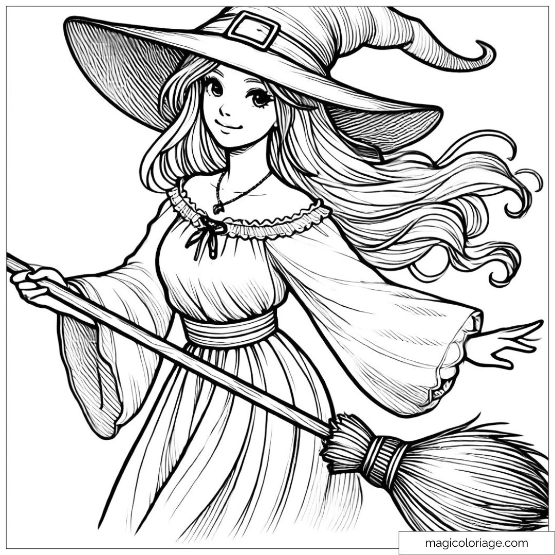 Dessin à colorier de sorcière tenant un balai, idéal pour Halloween.