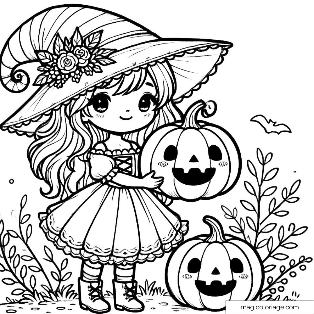 Dessin de sorcière tenant une citrouille, à imprimer et colorier pour Halloween.