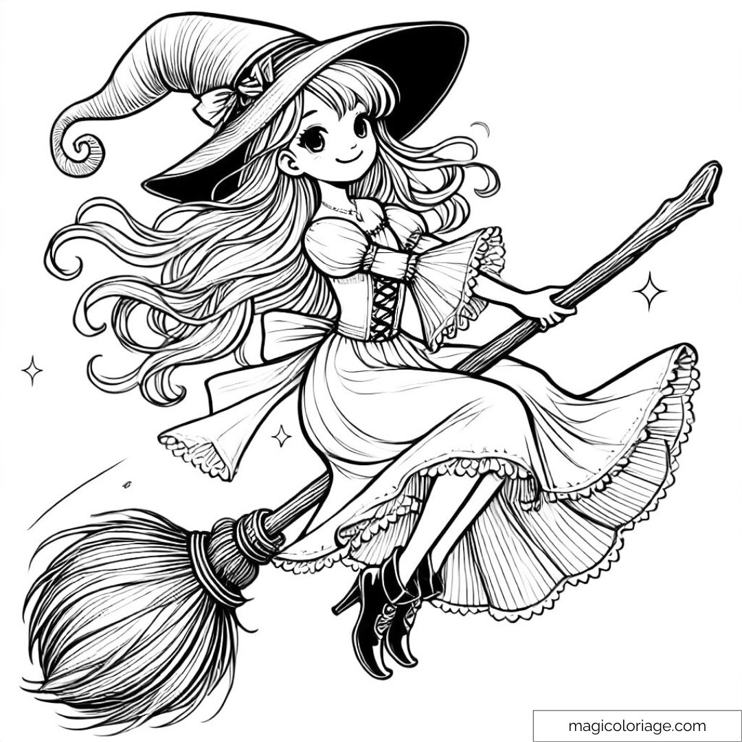 Dessin à colorier de sorcière volant sur un balai, idéal pour Halloween.