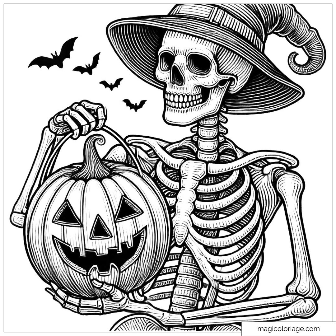 Dessin à colorier de squelette avec une citrouille pour Halloween.