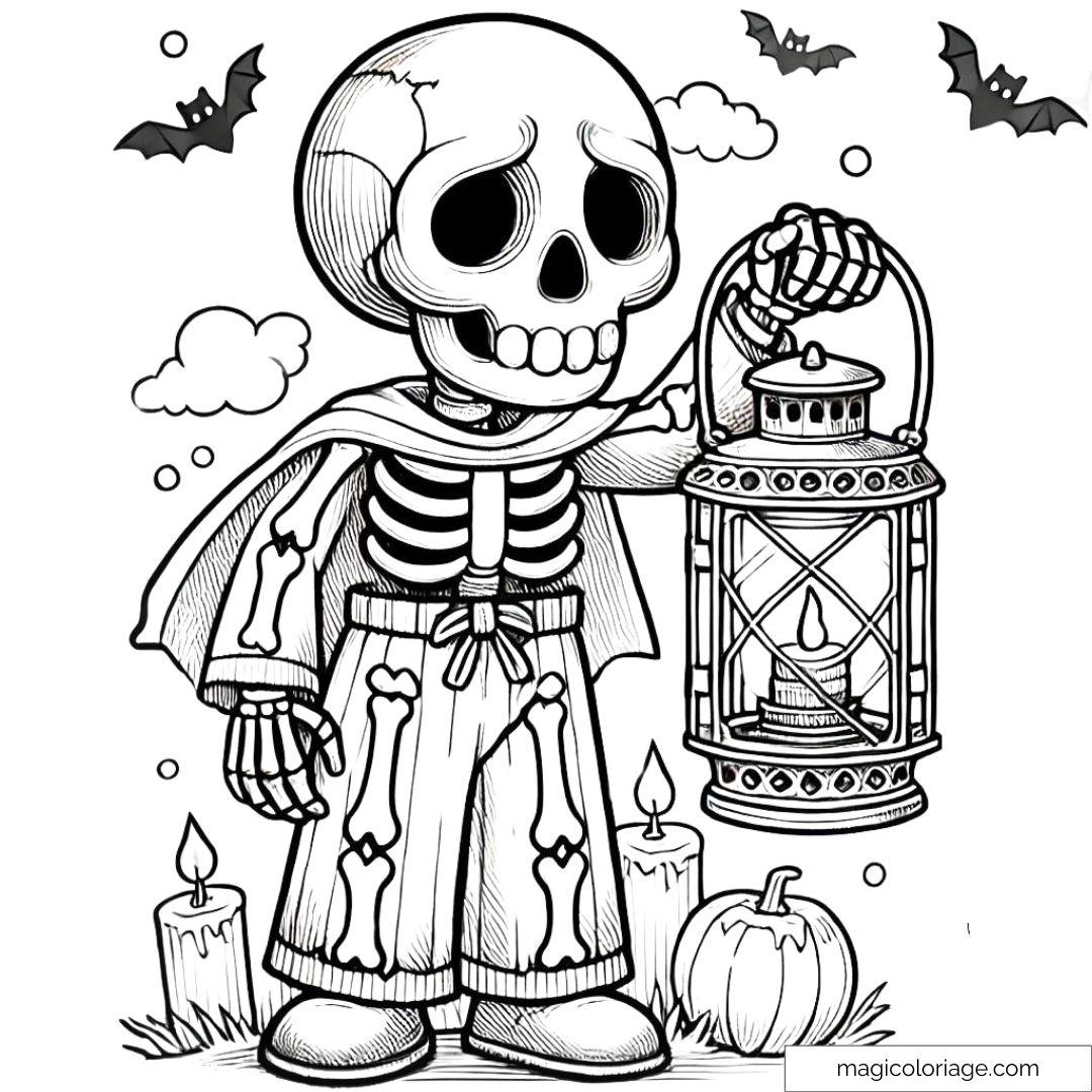 Dessin à colorier de squelette avec une lanterne pour Halloween.