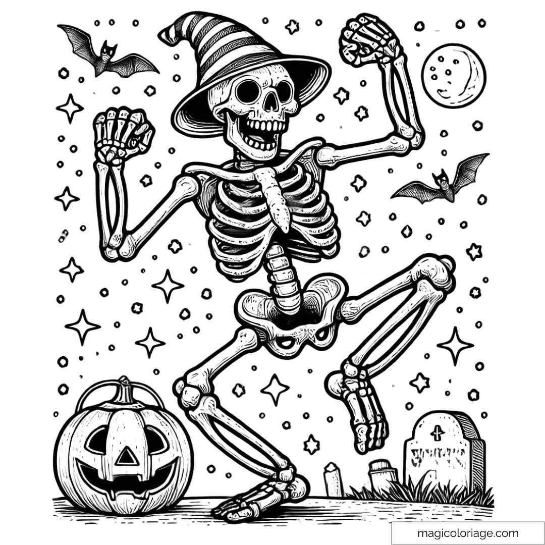 Dessin de squelette dansant à colorier pour Halloween.