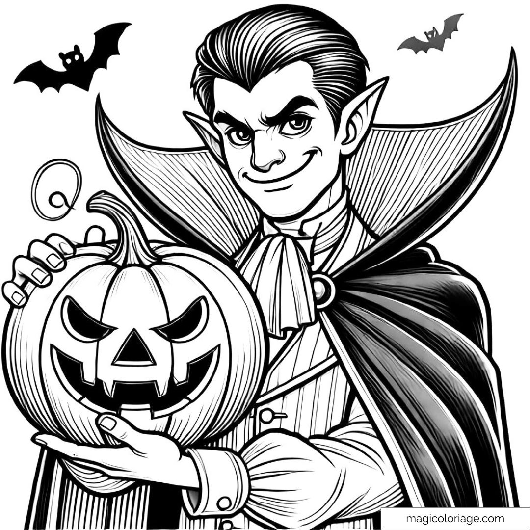 Dessin à colorier d'un vampire tenant une citrouille, parfait pour Halloween.