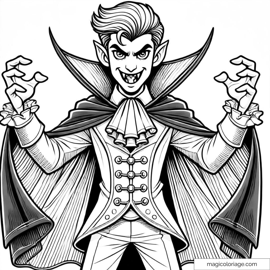 Dessin de vampire à colorier avec une cape et des crocs, parfait pour Halloween.