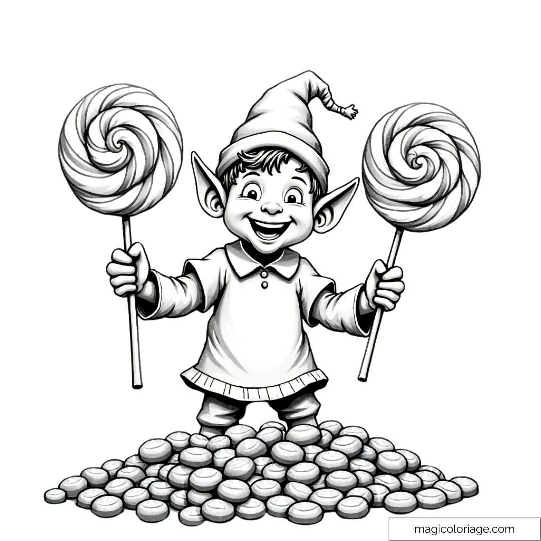 Dessin d’un lutin de Noël avec des sucettes géantes et des bonbons, joyeux et festif.
