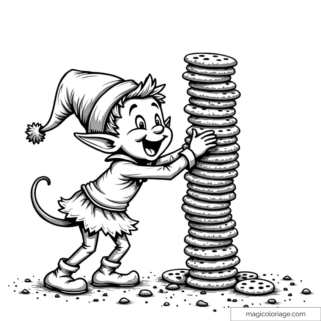 Coloriage d’un lutin espiègle construisant une grande tour de biscuits.