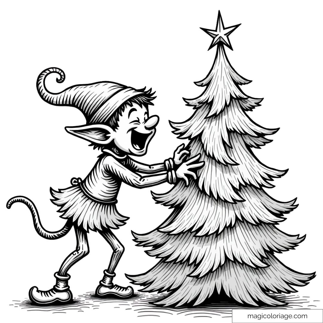 Coloriage d’un lutin farceur souriant devant un sapin de Noël.