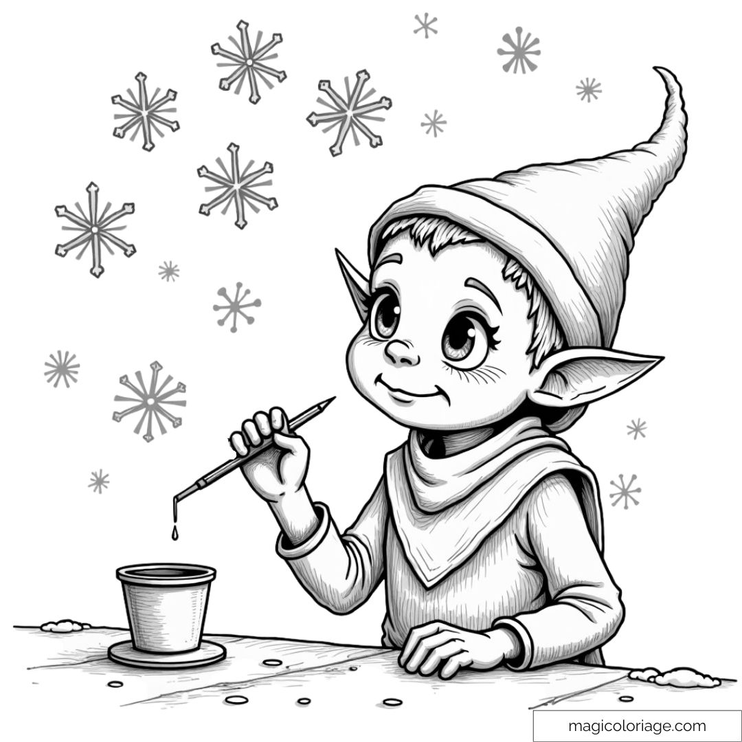 Lutin de Noël peignant des flocons de neige avec un pinceau, expression concentrée et festive.