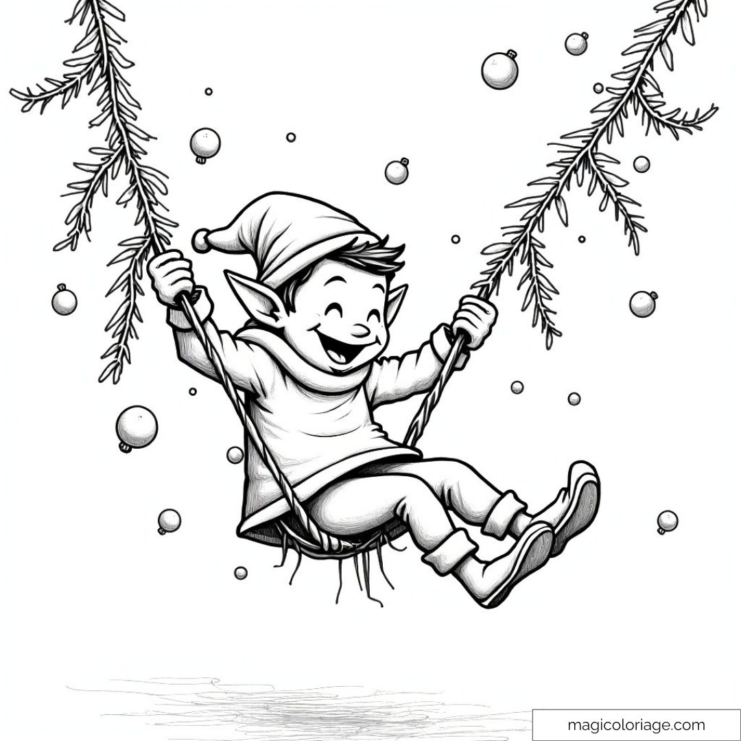 Coloriage d'un lutin joyeux sur une balançoire de sapin décoré.