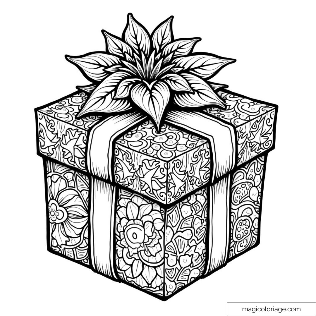Coloriage cadeau orné de motifs floraux complexes pour loisirs créatifs.