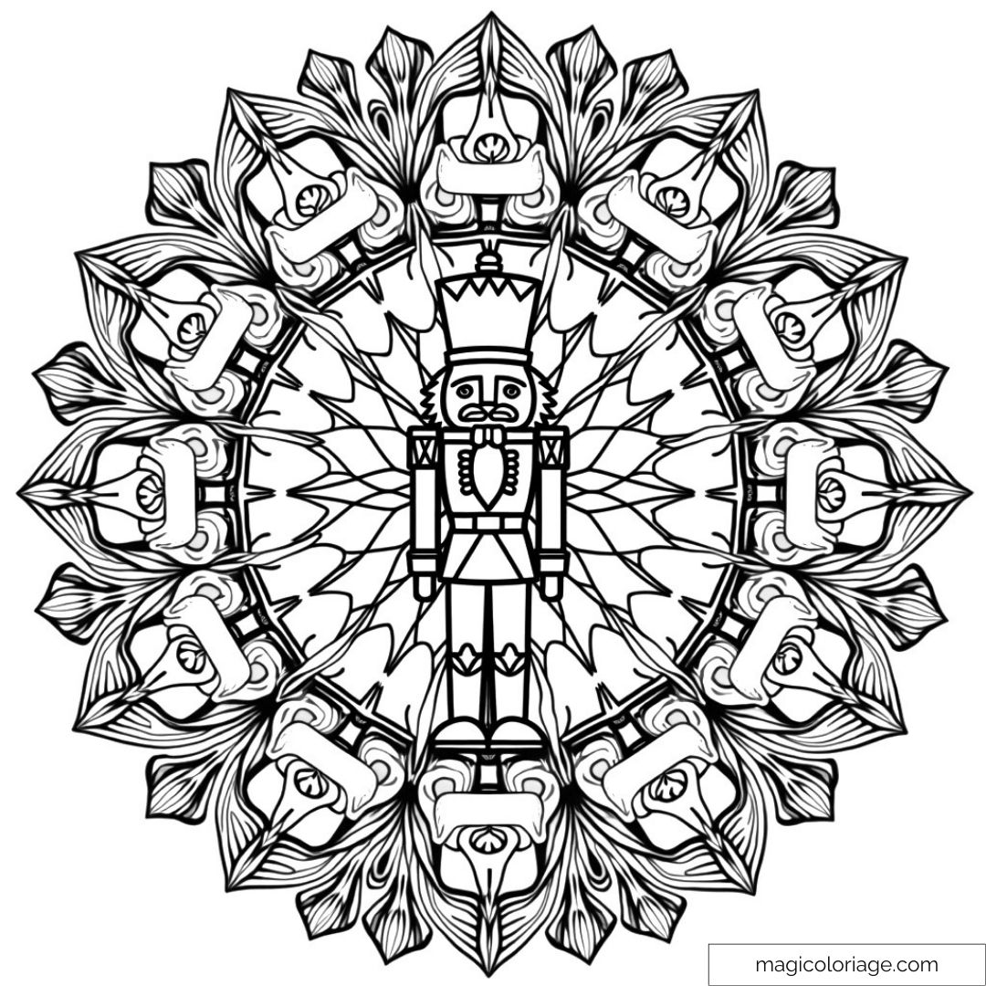 Mandala Casse-Noisette complexe avec motifs floraux à colorier.