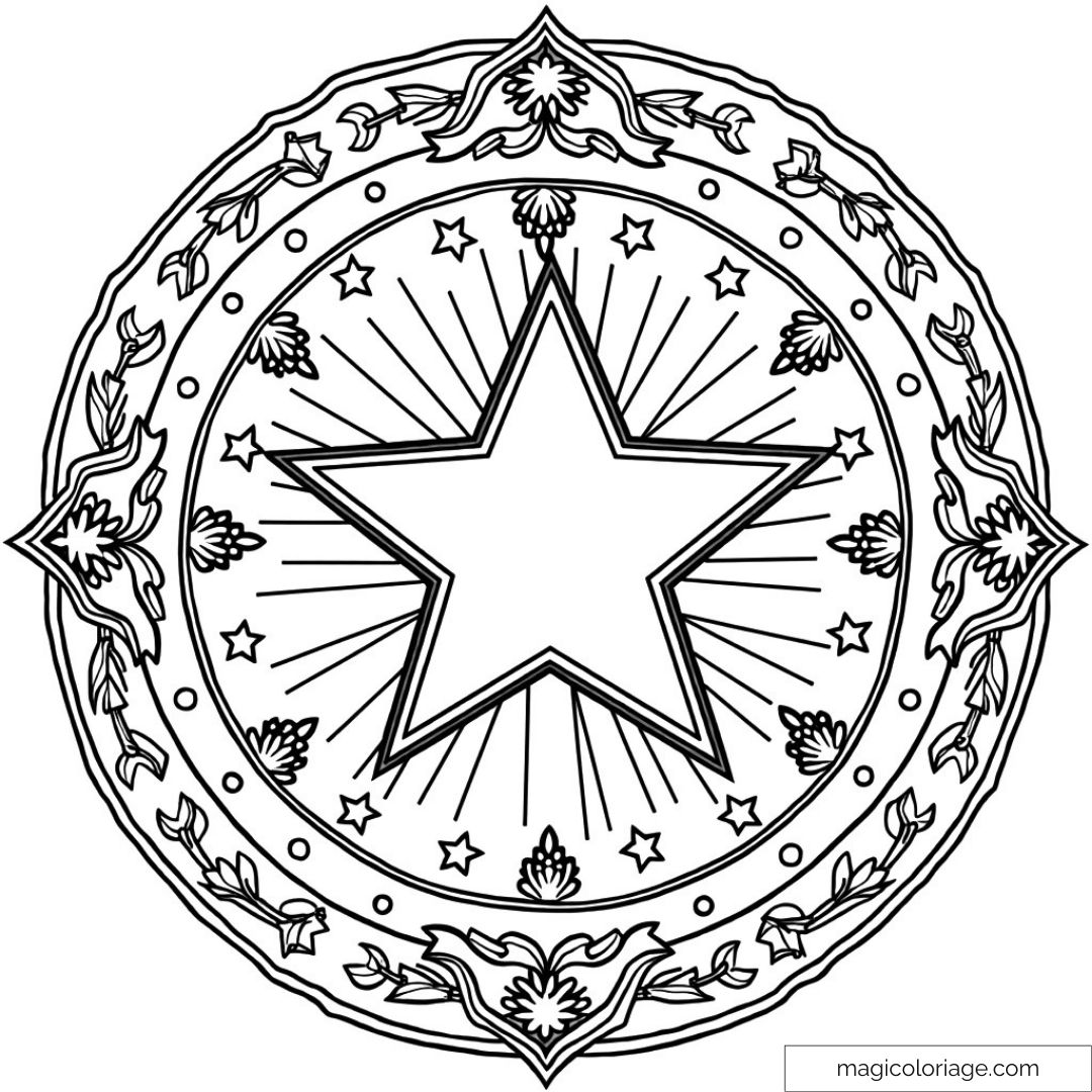 Mandala étoile avec motifs floraux et rayons lumineux