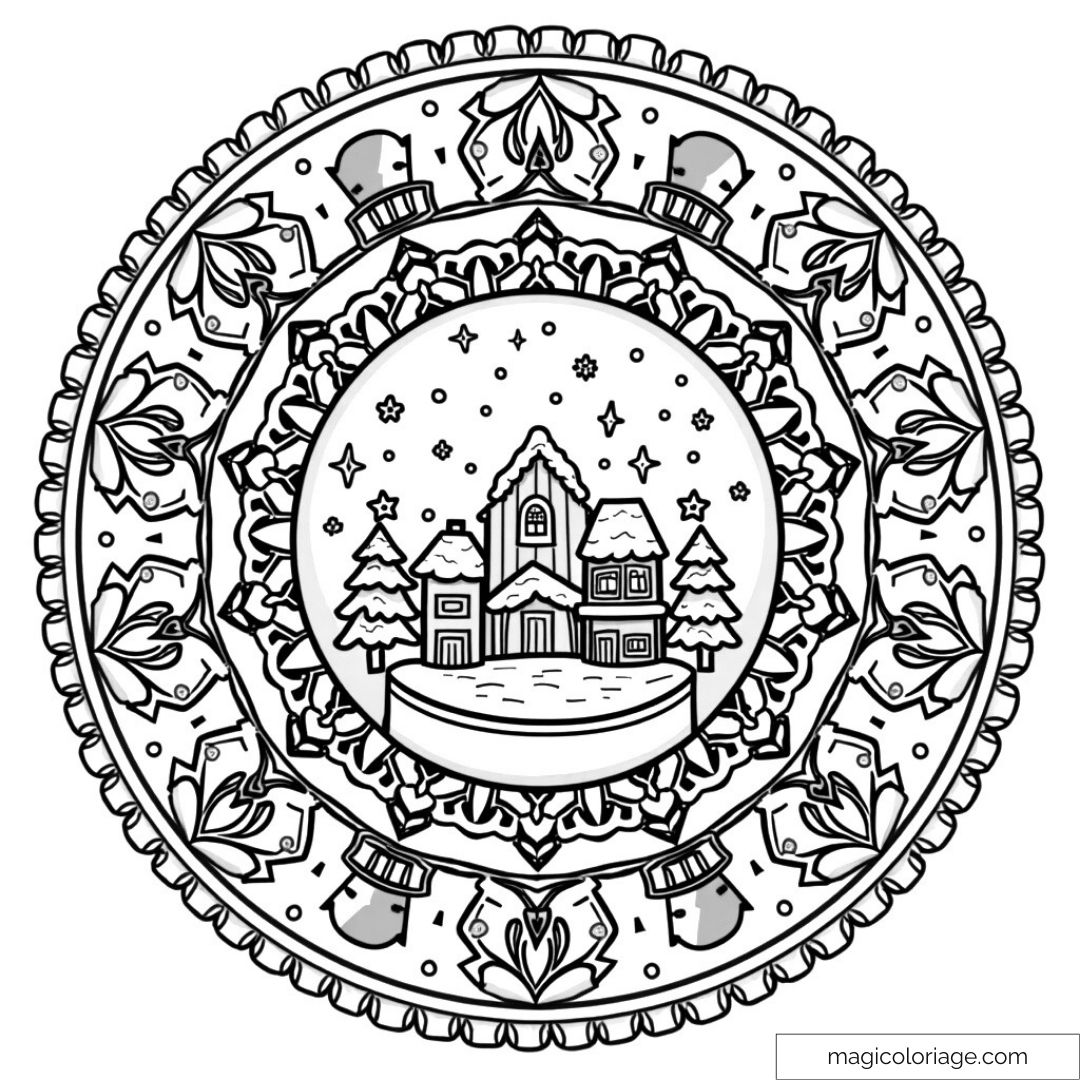 Mandala hiver à colorier avec maison enneigée et sapins ornés