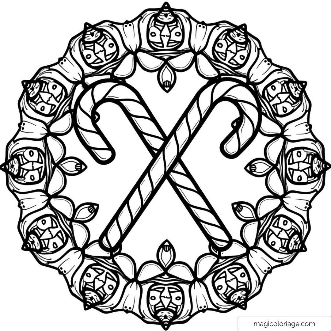 Dessin de sucre d'orge et couronne de Noël à colorier.
