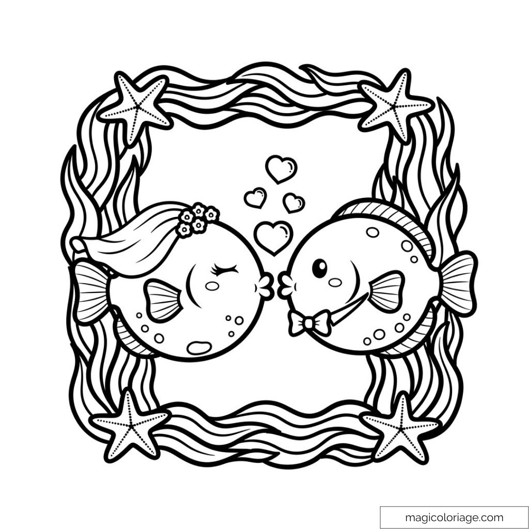 Dessin de deux poissons amoureux entourés d'étoiles de mer et de vagues.