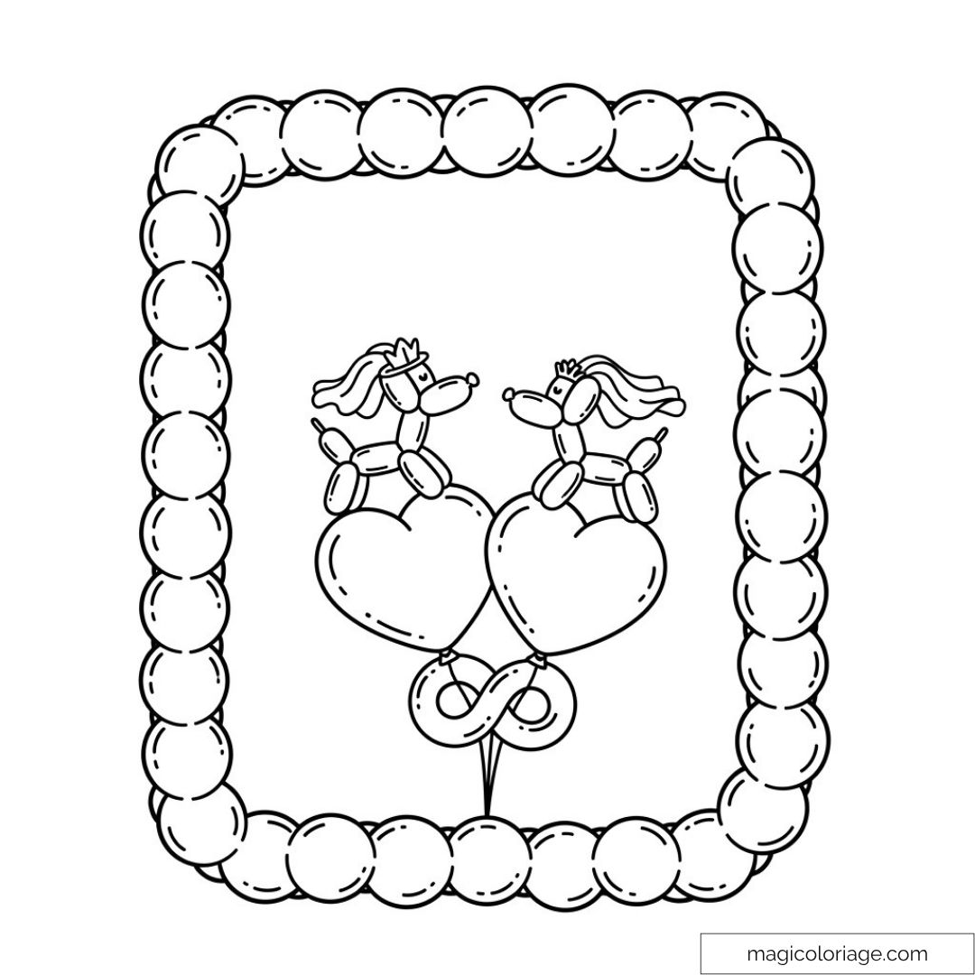 Image d'un dessin à colorier de ballons en forme de chiens et cœur.