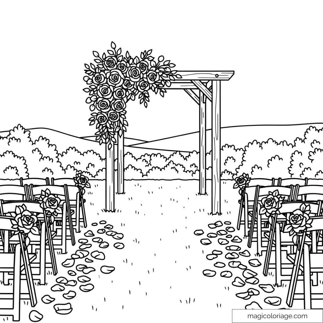 Coloriage cérémonie mariage en plein air avec fleurs et chaises