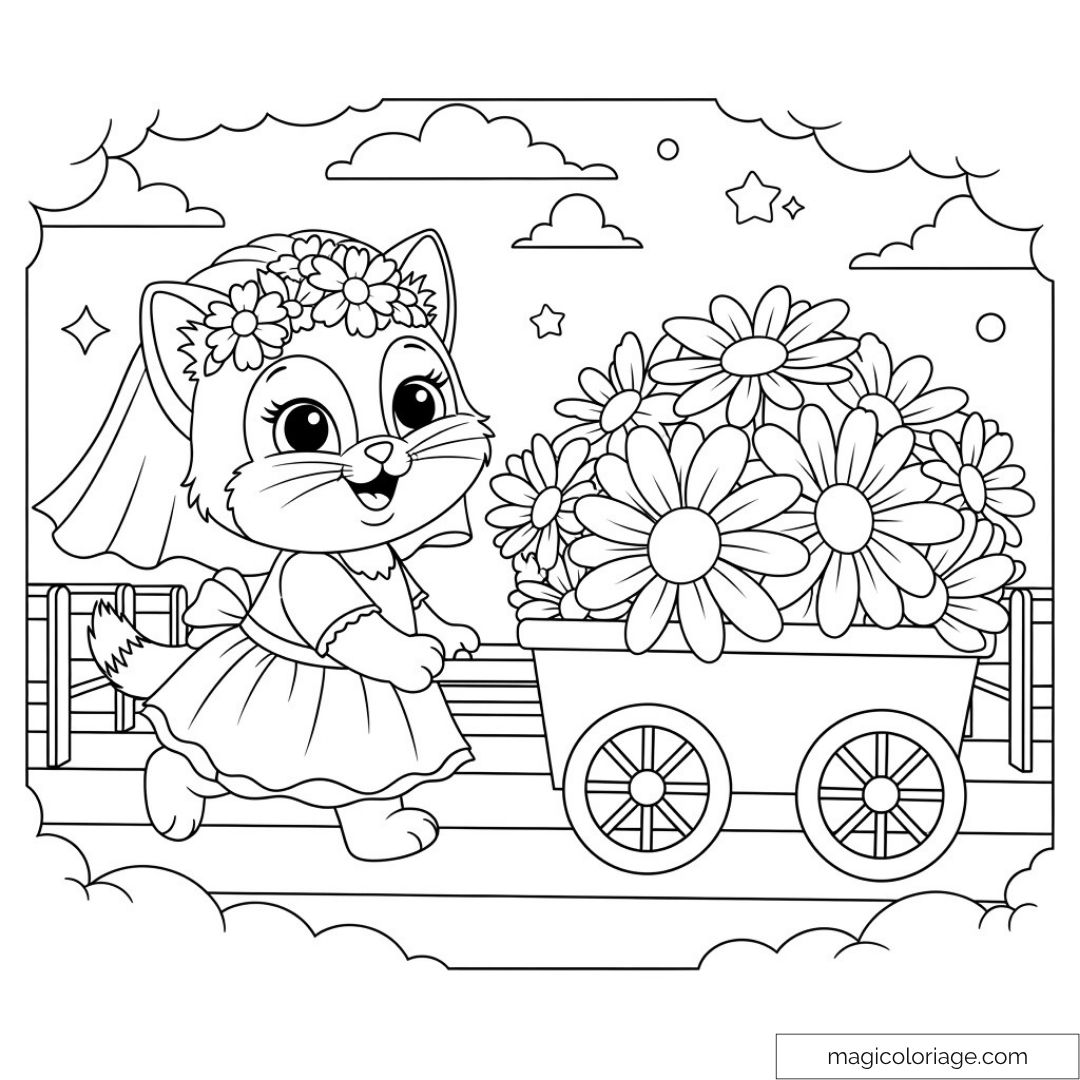 Chat en robe avec chariot de fleurs et ciel étoilé